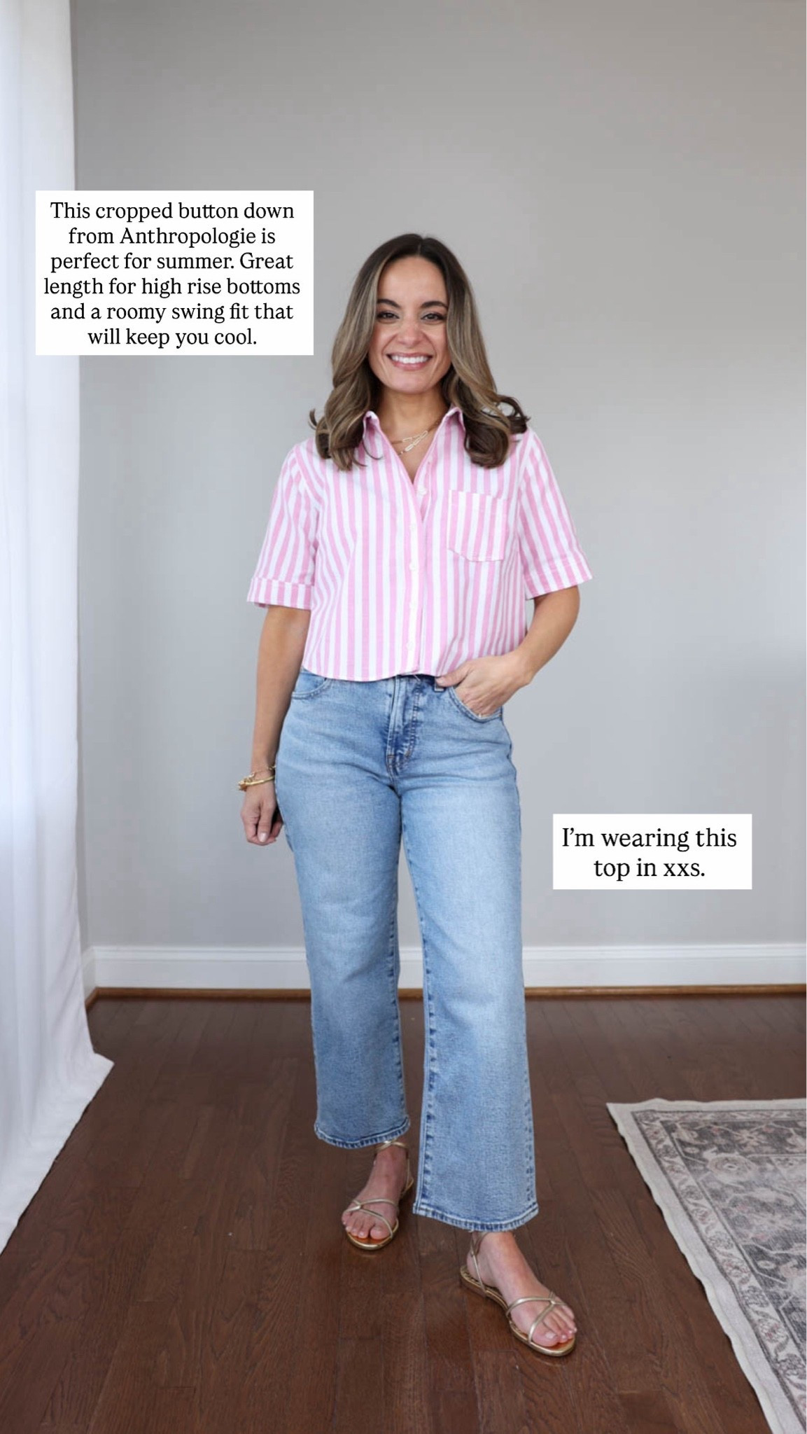 I heard you were looking for petite-friendly tops you can wear untucked!

Striped top (Anthropologie): xxs 
Jeans (Madewell): petite 24 

My measurements for reference: I’m 4’10” and 105lbs. My bust, waist, and hip measurement is 32”, 24”, and 36”.