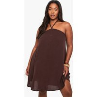 Womens Plus Cheesecloth Halter Mini Beach Dress - Brown - 20/22 | boohoo (US & Canada)