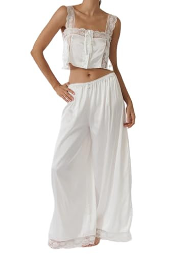 ROAONOCOMO Women Lace Trim Pajama Set Ruffle Babydoll Cami Top Wide Leg Pants Set Silk Satin 2 Piece PJ Lounge Outfit | Amazon (US)