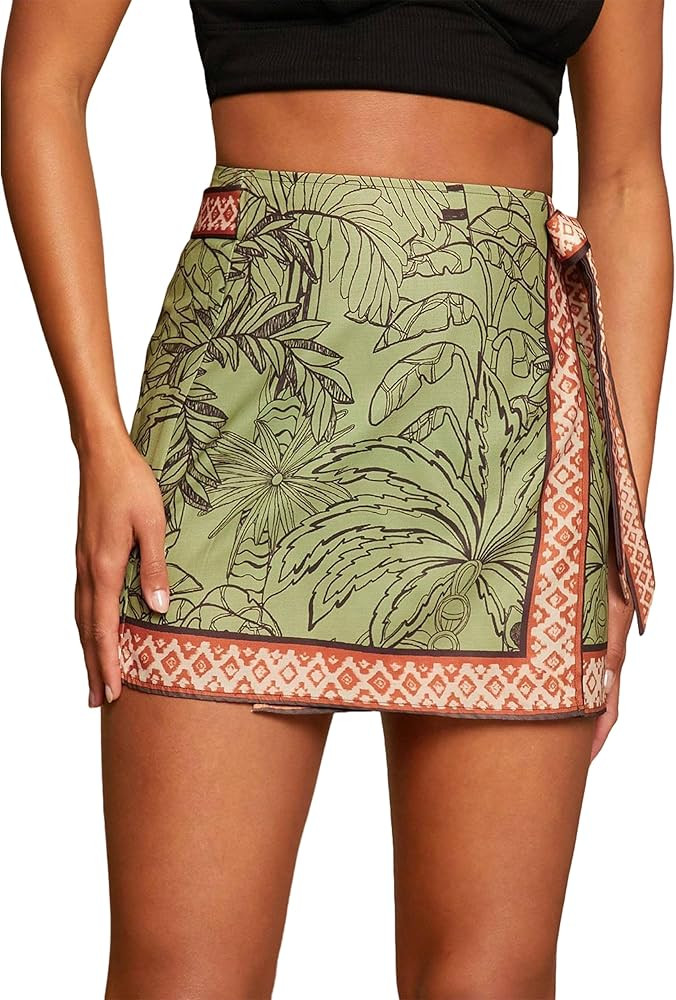 Women’s Summer Boho Skirts Floral Print Tie Knot Wrap Skirt Cute Tropical Ocean Graphic Mini Sh... | Amazon (US)
