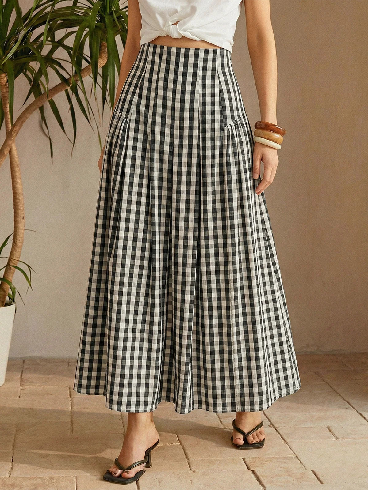 Gingham High-Waisted Pleated Midi Skirt | Commense