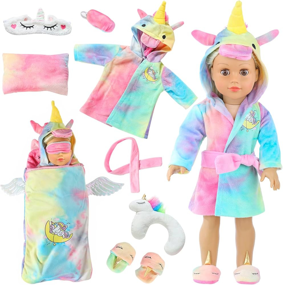 Ecore Fun 18 inch Girl Doll Clothes and Doll Sleeping Bag Set -Unicorn-Nightgown with Matching Sleep | Amazon (US)