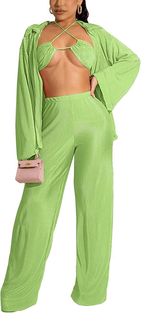 Doweha Women's 3 Piece Lounge Set Plisse Matching Set Outfit Sexy Tie Cute Crop Top and Pants Sui... | Amazon (US)