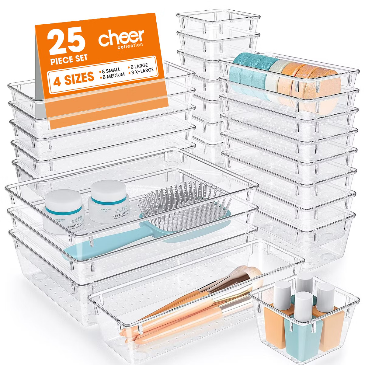 Cheer Collection 25-Piece Clear Drawer Organizer Set – Stackable Acrylic Bins in 4 Sizes with N... | Target