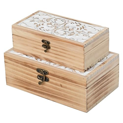 DECOR4SEASON Wooden Storage Box Set of 2 - Hand Carved Floral Decorative Boxes with Hinged Lids - Solid Pine Keepsake Organizer for Jewelry, Photos, and Rustic Farmhouse Home Décor | Amazon (US)