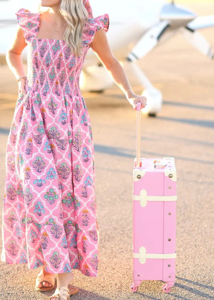 Trunk Show Pink smocked palm beach maxi | Mulberry & King