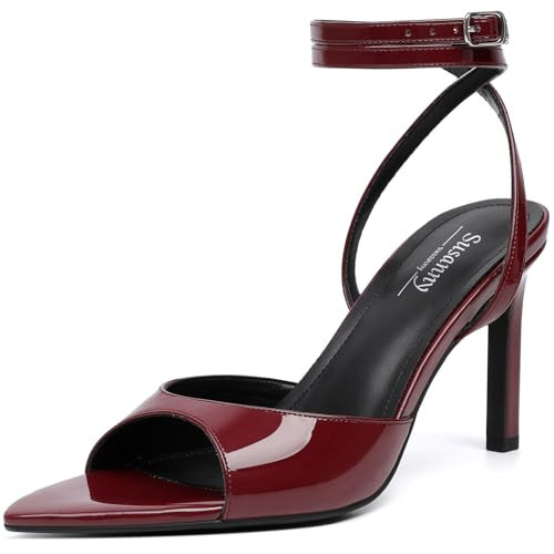 Susanny Strappy Heels for Women Burgundy High Heels Sandals Open Toe Ankle Strap Lace Up Heels Stiletto Sexy Maroon Pumps Wedding Guest Party Evening Prom Dance Dress Shoes 9 | Amazon (US)