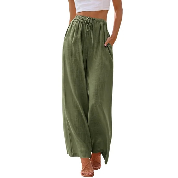 TEMOFON Pants for Women Wide Leg Linen Pant Palazzo Summer Casual Flowy Pants with Pocket Army Gr... | Walmart (US)