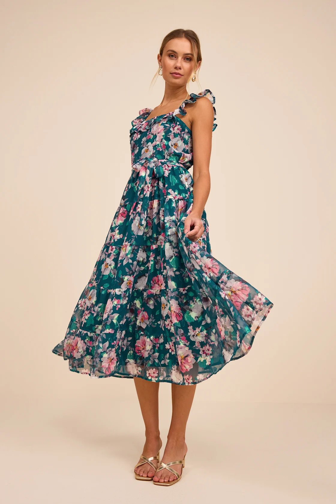 Shela Teal Floral Jacquard Tiered Midi Dress | Lulus