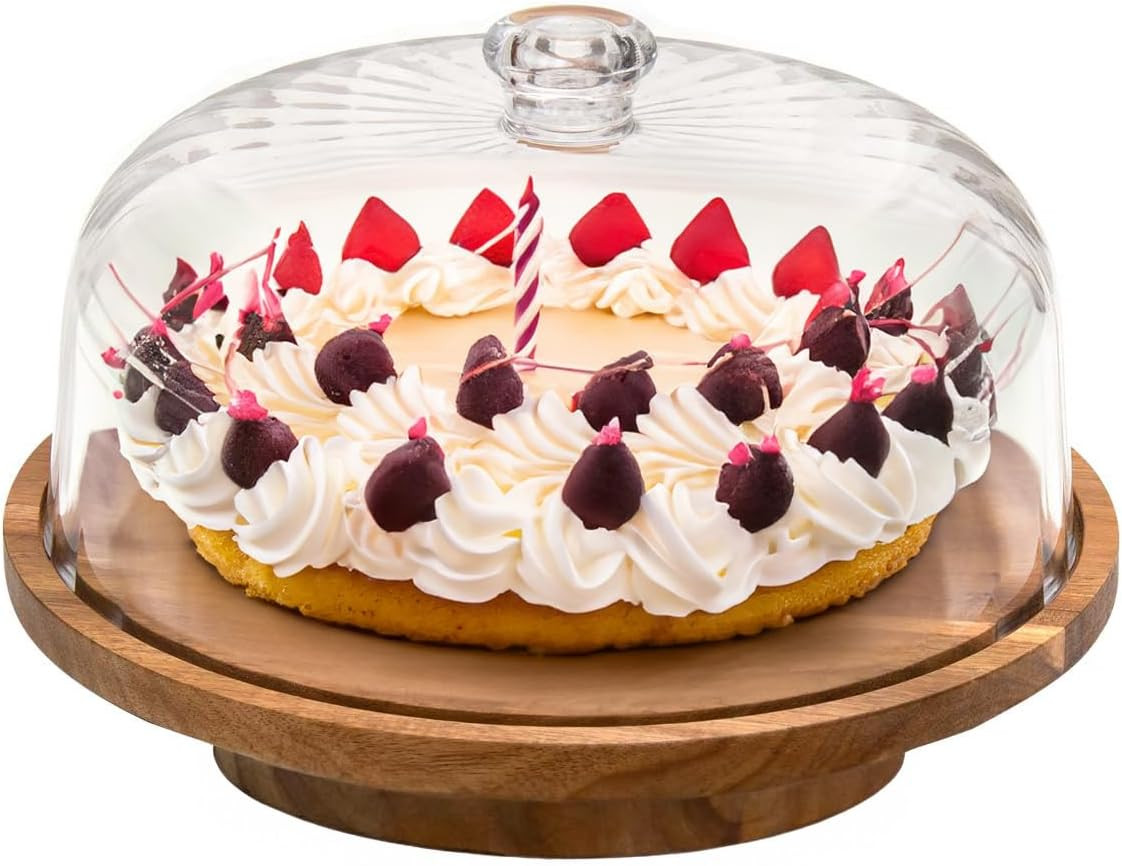 Wood Cake Stand with Lid, 11.8'' Rotating Cake Stand with Dome, Shaterproof 10.4'' Acrylic Cake D... | Amazon (US)