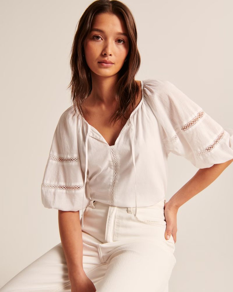 Short-Sleeve Cotton Sheer Peasant Top | Abercrombie & Fitch (US)