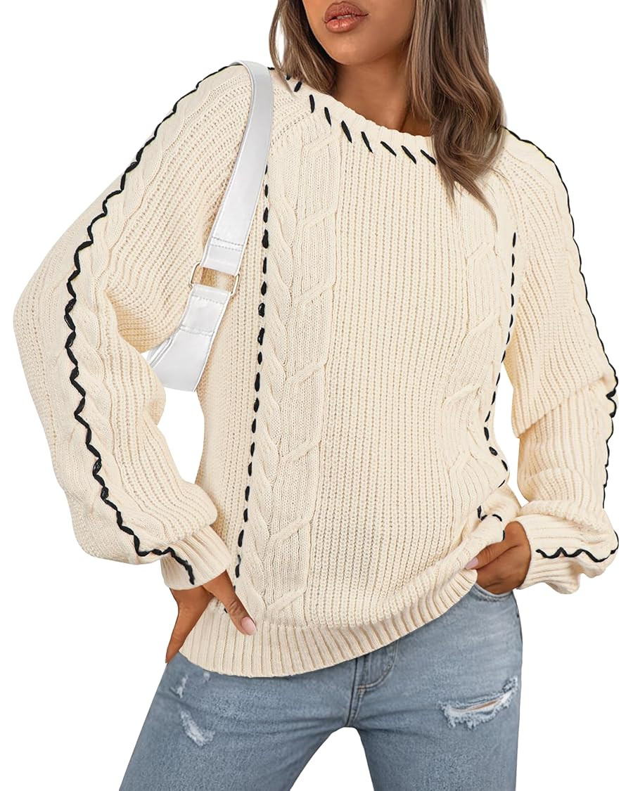 ECOWISH Oversized Sweaters for Women Fall Winter Cable Knit Chunky Color Block Tops Jumper Long S... | Amazon (US)