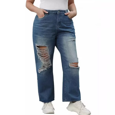 Womens Plus Size Ripped Jeans High Waisted Distressed Stretchy Straight Ankle Denim Pants | Target