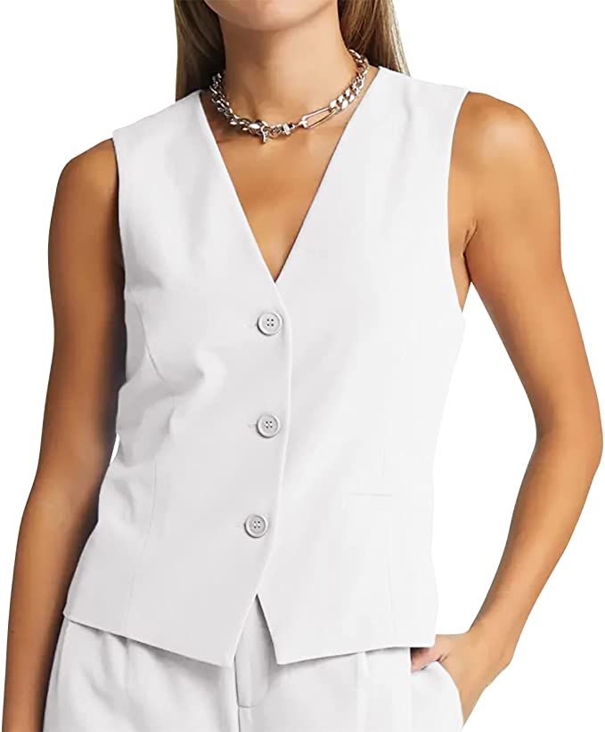 GAMISOTE Women Buttons Vest Crop Vintage Sleeveless V Neck Elastic Chiffon Waistcoat | Amazon (US)