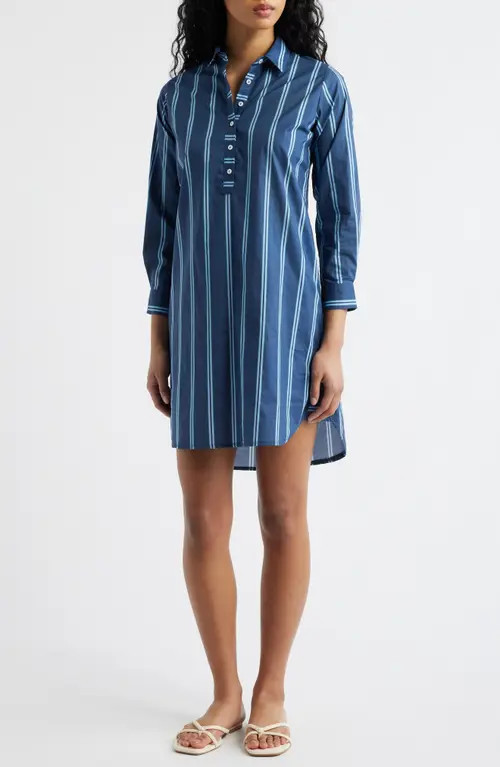 SHIRTY Classic Stripe Long Sleeve Shirtdress in Navy/green Stripe at Nordstrom, Size Large | Nordstrom