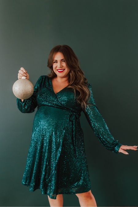curvy sparkly sequin wrap dress in hunter green! part of my Merry Pinkmas collection with Pink Desert! i’m in the 2X, typically would take the large not pregnant. runs TTS!  🎄 

#LTKfindsunder100 #LTKHoliday #LTKmidsize
