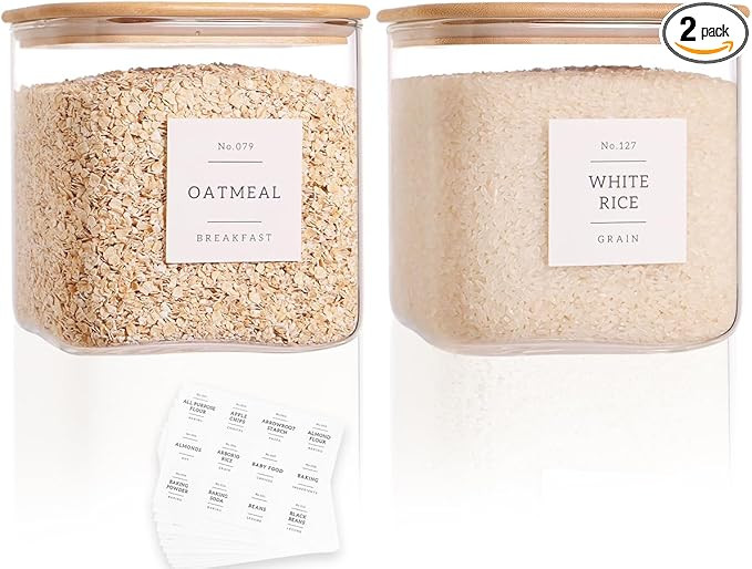 2 Pack Square Glass Flour and Sugar Containers with 132 Kitchen Pantry Labels - Thicken 85 FL OZ ... | Amazon (US)