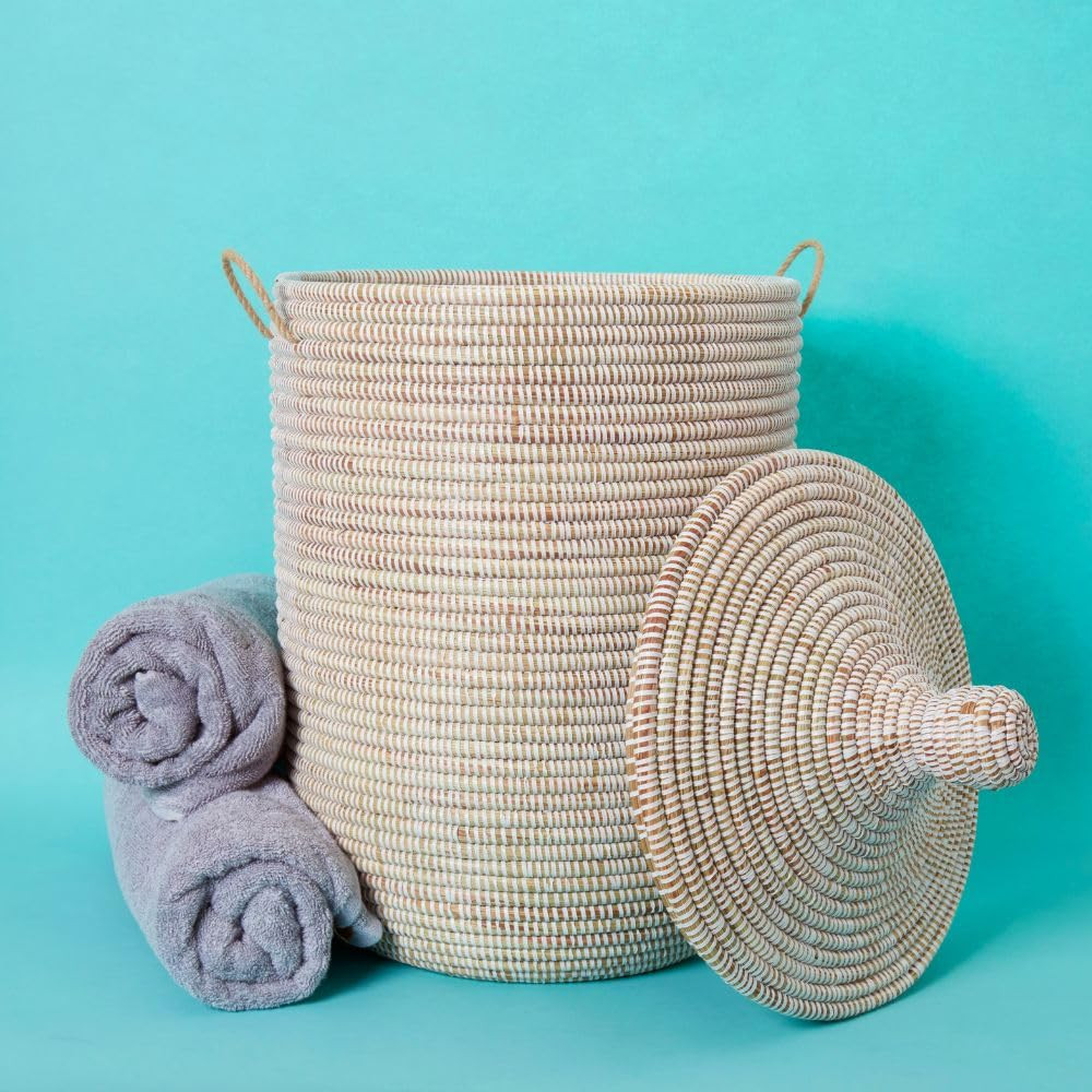 Medium White Basket with Lid for Towels, Bathroom, Bedroom, Handwoven Baskets, 15 Inch Wide, 19 I... | Amazon (US)