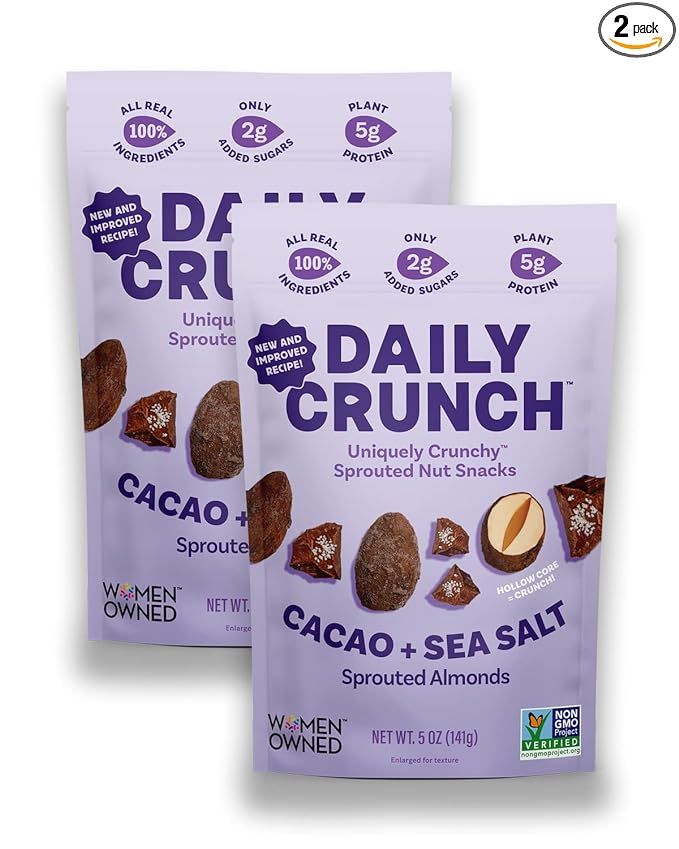 Daily Crunch Sprouted Almonds, 5 Ounce Resealable Bags (Cacao and Sea Salt, 2 Pack) Packaging May... | Amazon (US)
