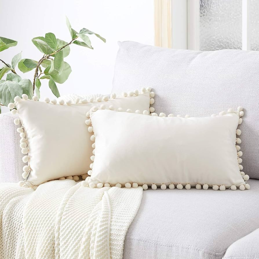 Topfinel Cream Lumbar Pillow Covers 12x20 Set of 2, Soft Velvet Throw Pillow Cover with Pom Poms ... | Amazon (US)