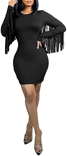 Mintsnow Women's Sexy Long Sleeve Bodycon Fringe Dress Crewneck Solid Ruched Tassels Mini Dresses... | Amazon (US)