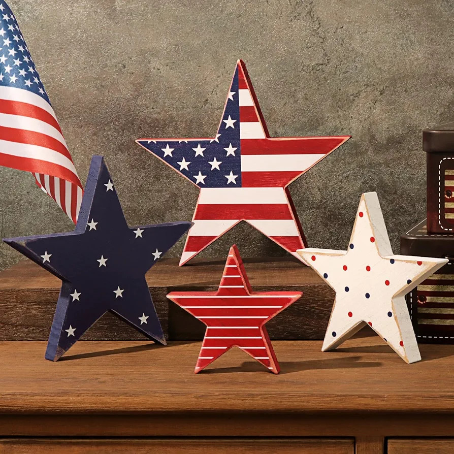 4th of July Decorations, 4pcs July 4th Patriotic Tiered Tray Decor Wooden Star Sign, Vintage Star... | Amazon (US)