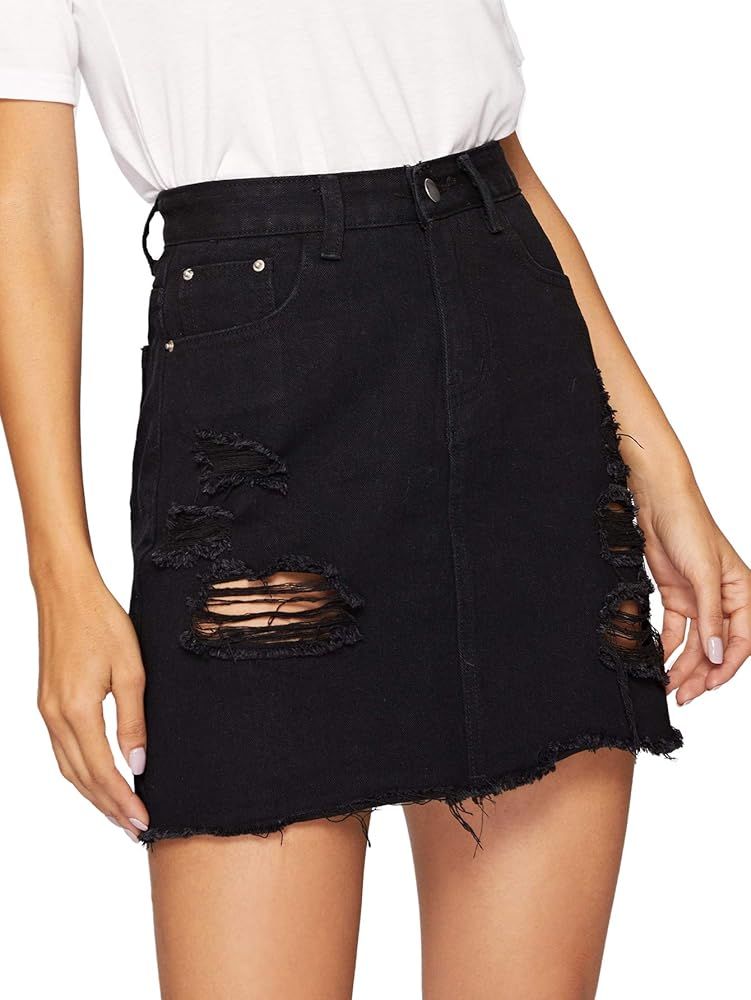 Verdusa Women's Casual Distressed Fray Hem A-Line Denim Short Skirt | Amazon (US)