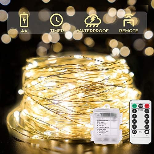 SUDDUS 66ft 200 LED Outdoor String Lights, Warm White Fairy Lights Battery Operated with Remote, ... | Amazon (US)