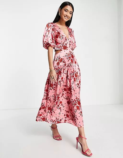 Topshop satin floral cut out occasion midi dress in pink | ASOS (Global)