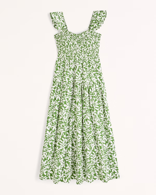 Ruffle Strap Smocked Midi Dress | Abercrombie & Fitch (US)