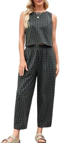 Womens Cotton Checker Set 2 Piece Beach Vacation Outfit Summer Tank Top Pants Suit | Amazon (US)
