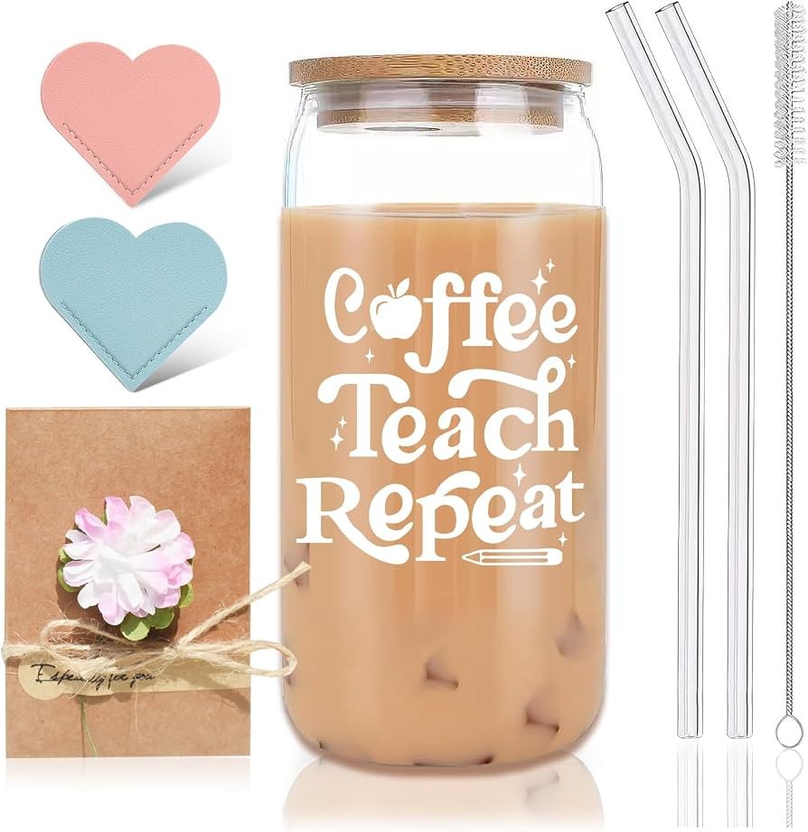 Teacher Appreciation Gifts - Coffee Teach Repeat Glass Cup with Lid and Straw, Heart Bookmarks -B... | Amazon (US)