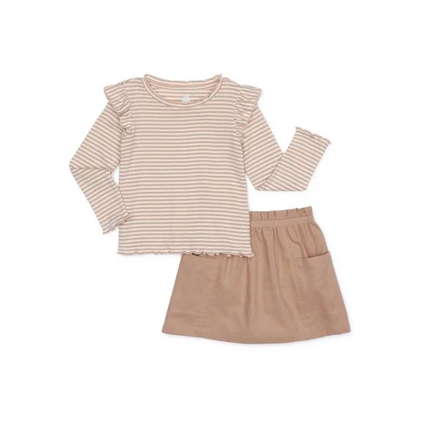 Wonder Nation Baby Toddler Girl Ruffle Shoulder Top & Paperbag Waist Skirt, 2-Piece Outfit Set | Walmart (US)