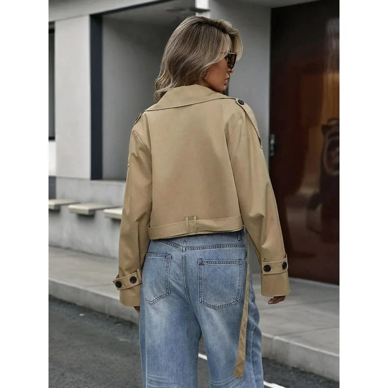 Womens Cropped Trench Coat Lapel Double Breasted Short Jacket Outwear Khaki M | Walmart (US)
