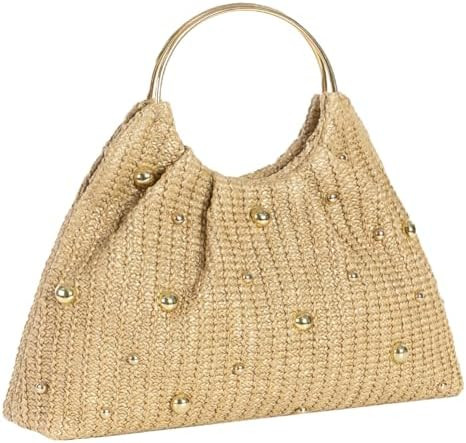 Trendy Straw Clutch Purse for Women Round Handheld Evening Handbag Exquisite Metal Beaded Bag Par... | Amazon (US)