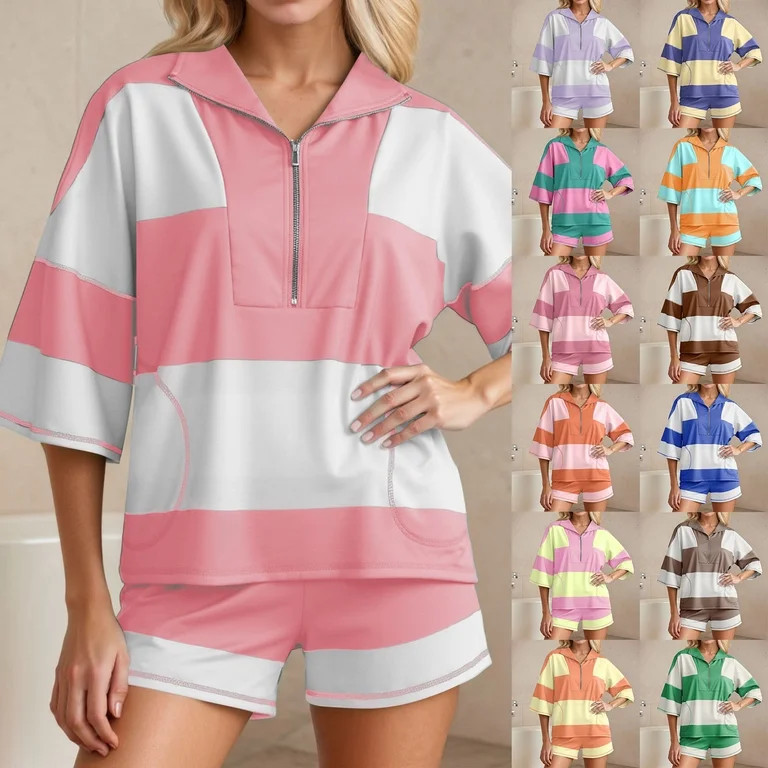 Lkhaha Womens Workout 2 Piece Outfits Striped Lounge Set Oversized Matching Top and Shorts Tracks... | Walmart (US)