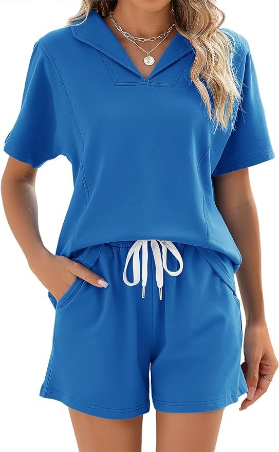 LOMON Womens 2 Piece Lounge Sets Summer Short Sleeve Collared Tops and Drawstring Shorts with Poc... | Amazon (US)