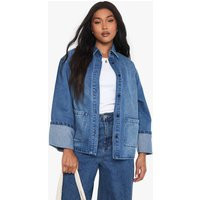 boohoo Women's Plus Denim Shirt Jacket in Mid Blue | Size: 16 | Denim/Cotton | boohoo (US & Canada)