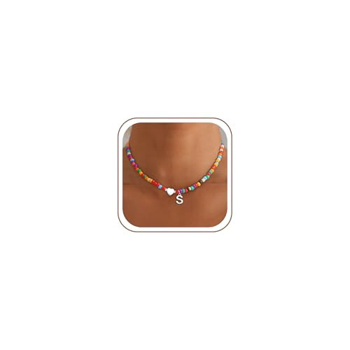 Eaciy Silver Initial Necklaces for Women - Colorful Beaded Letter S Initial Necklace Cute Heart Necklaces Silver Necklace Jewelry for Women | Amazon (US)