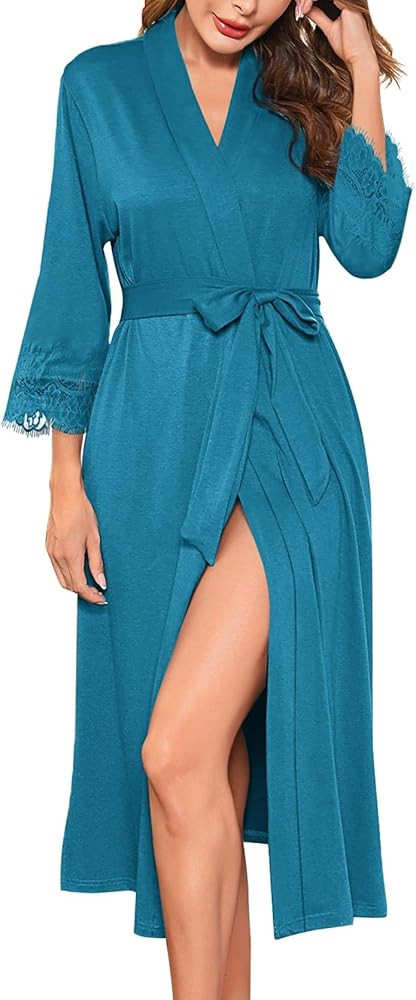 Ekouaer Women's Knit Bathrobe Lace Kimono Robes with Pockets Full Length Lightweight Loungewear S... | Amazon (US)