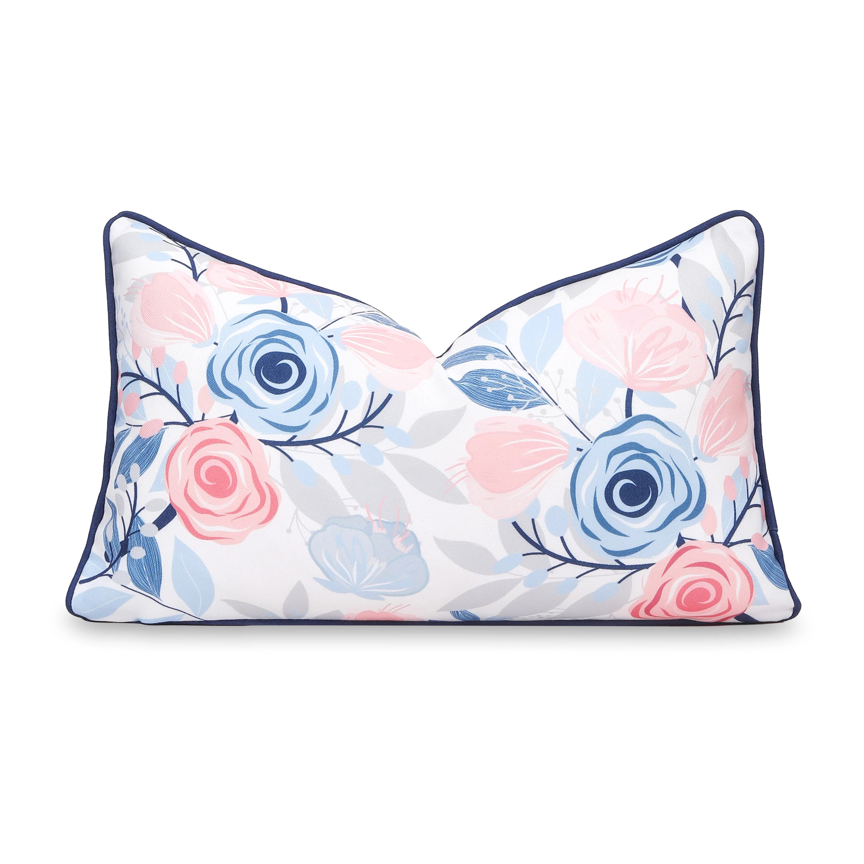 Coastal Indoor Outdoor Lumbar Pillow Cover, Tulips Floral with Piping, Baby Blue Blush Pink, 12 | Hofdeco