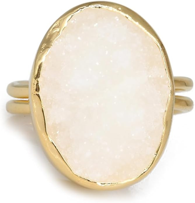 Natural Agate Geode Quartz Oval Crystal Druzy Gold Ring for Women Men Statement Ring Collet Stone... | Amazon (US)