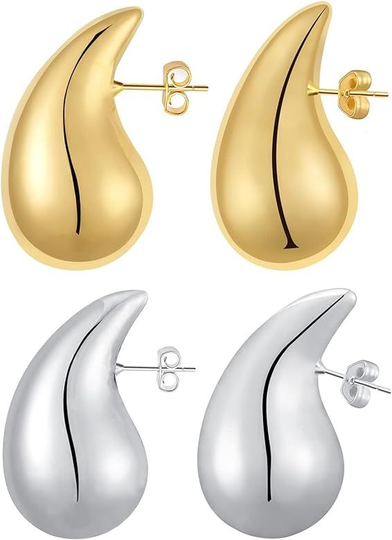 Vuleto Small/Large Drop Earring Dupes, Chunky Gold Hoop Earrings for Women Girls, 18k Gold Lightw... | Amazon (US)