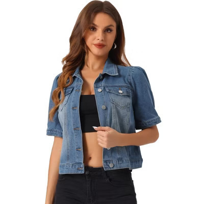 INSPIRE CHIC Women's Casual Short Puff Sleeves Button-Down Jean Denim Jacket Medium Medium BLue | Target