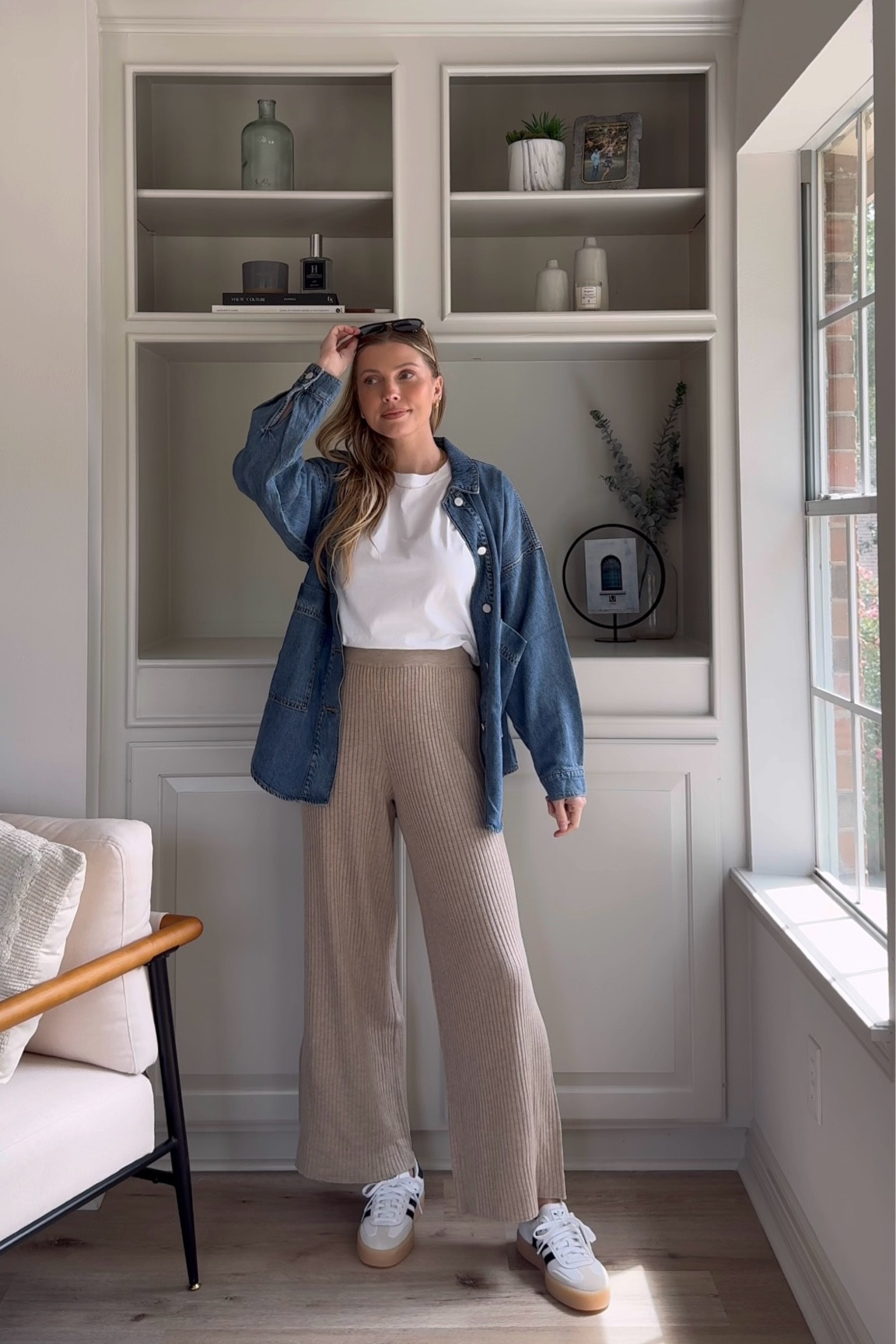 Cozy fall outfit: lounge pants in size M, basic tee in S, denim shirt in S, sambae’s run tts.

#LTKStyleTip #LTKShoeCrush #LTKSeasonal