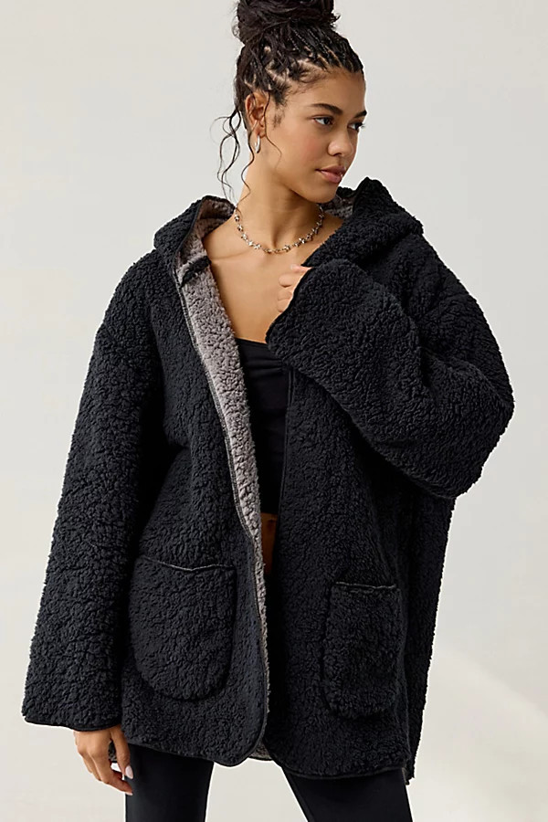 Out From Under Cloud Nine Reversible Fleece Hooded Teddy Jacket in Black, Women's at Urban Outfitters | Urban Outfitters (US and RoW)