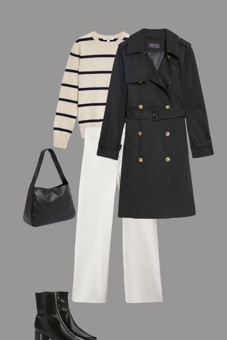 A black trench is so chic. Pair with cream cropped jeans, a striped beige cashmere knit, loafers and a simple leather bag