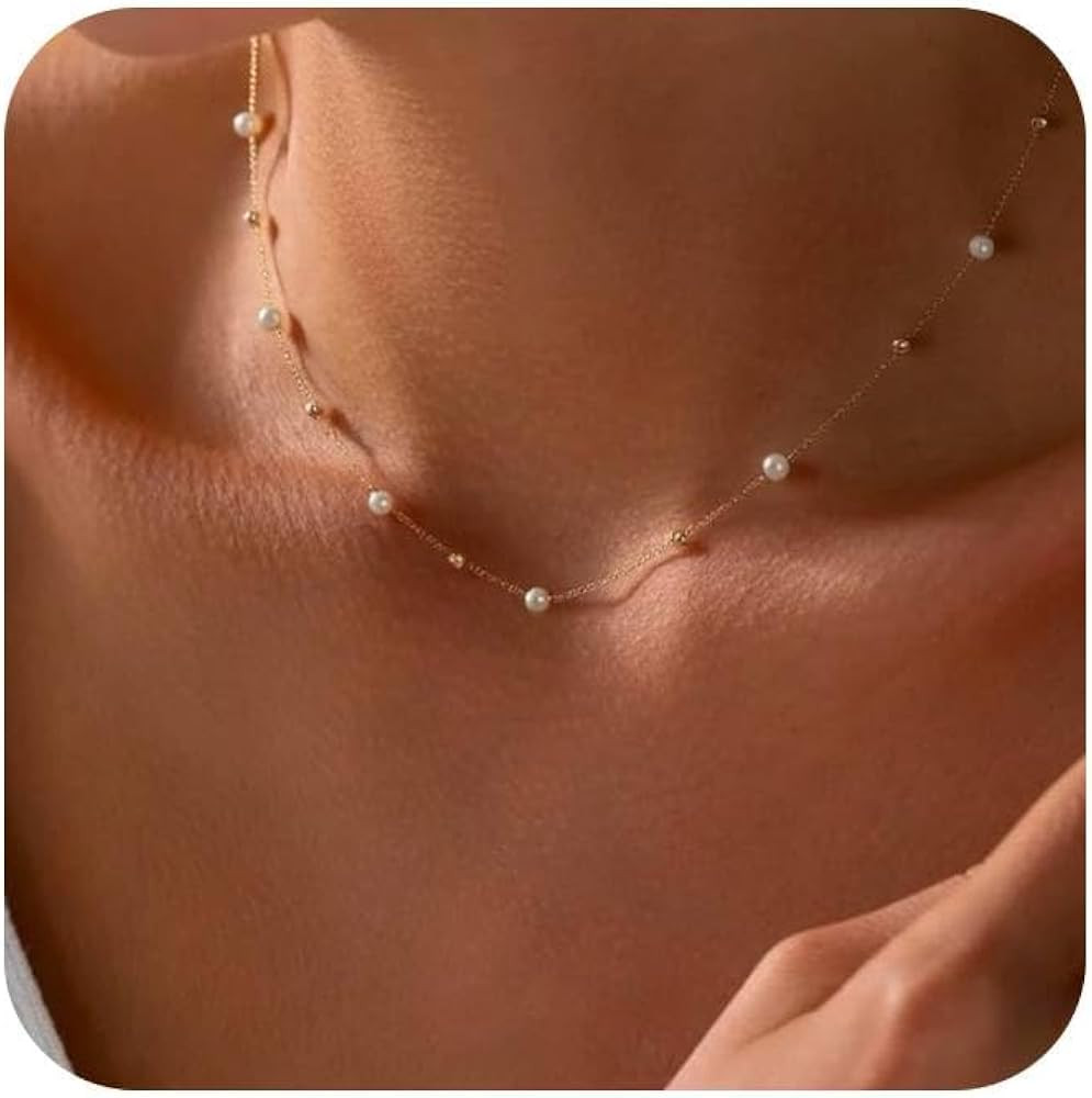 Gold Pearl Necklaces for Women: Dainty Pearl Pendant Necklace Simple 18K Gold Plated Pearl Choker... | Amazon (US)