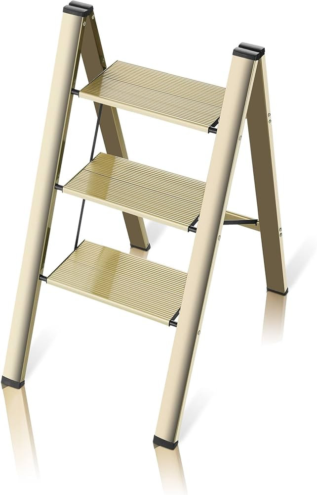 flygeneral 3 Step Ladder, Gold Aluminum Folding Ladder Stool, Wider Upgraded Non-Slip Treads, Por... | Amazon (US)