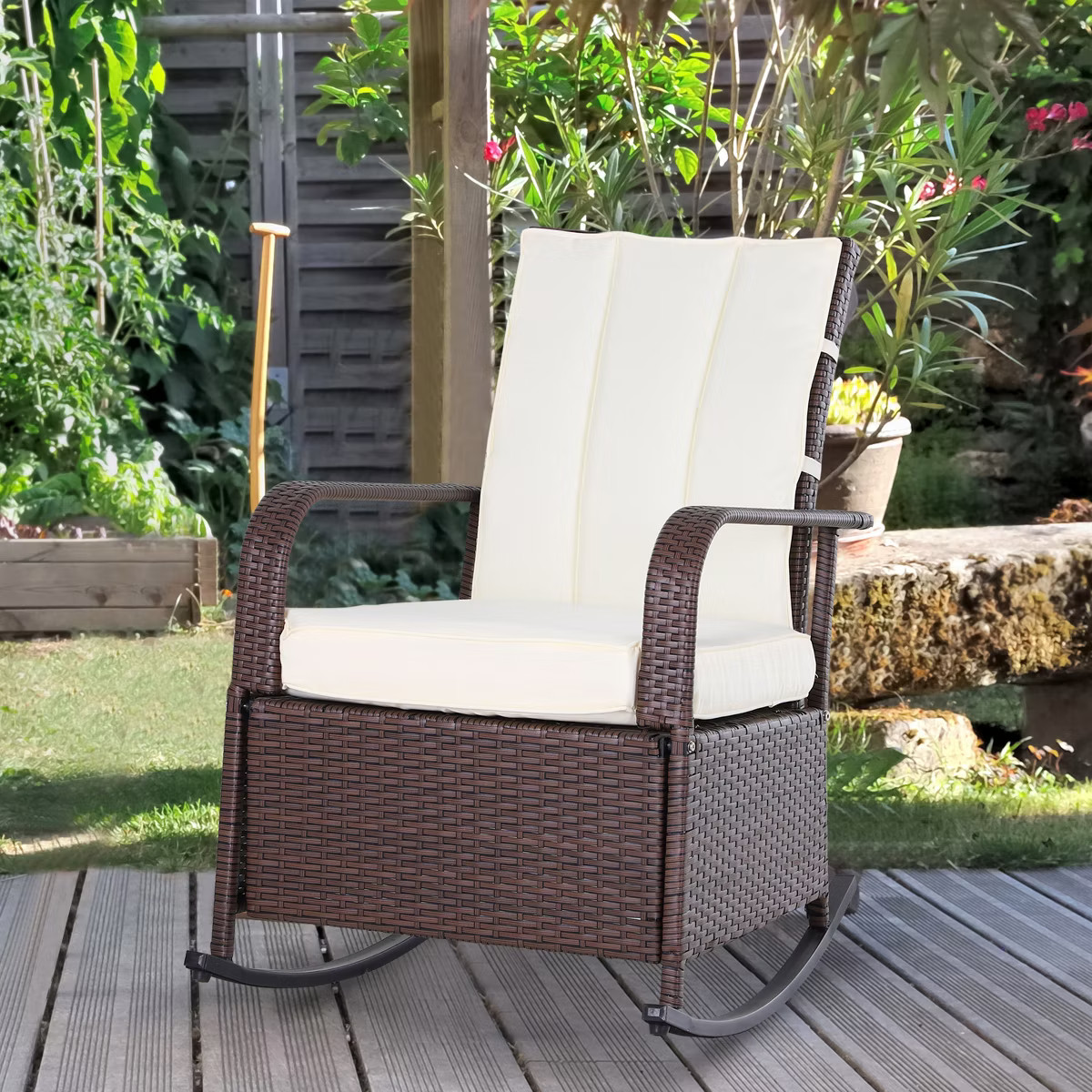 Outsunny Outdoor Rattan Wicker Rocking Chair Patio Recliner with Soft Cushion, Adjustable Footres... | Target